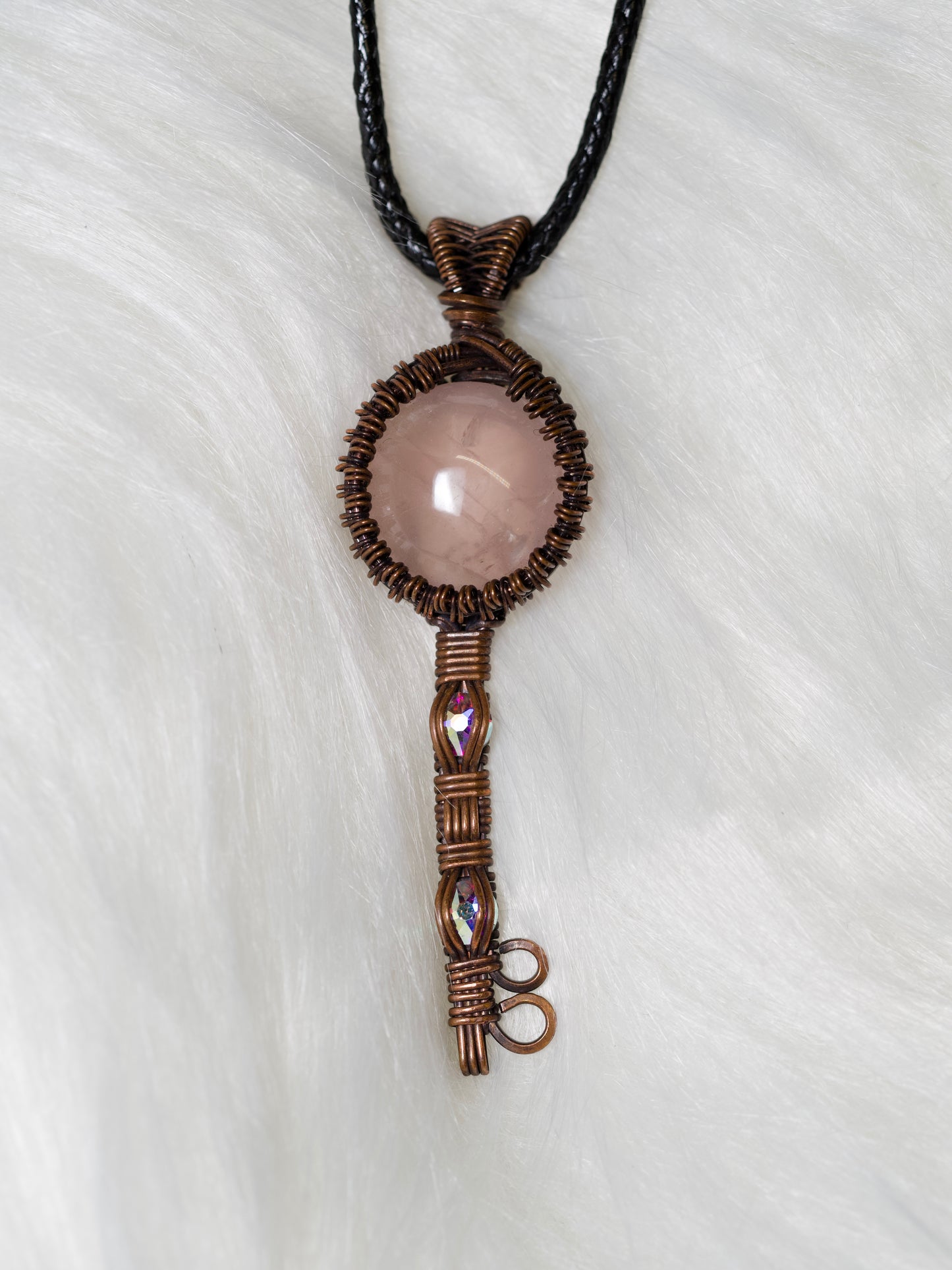 Rose Quartz and Swarovski Wired Wrapped Copper Key Pendant