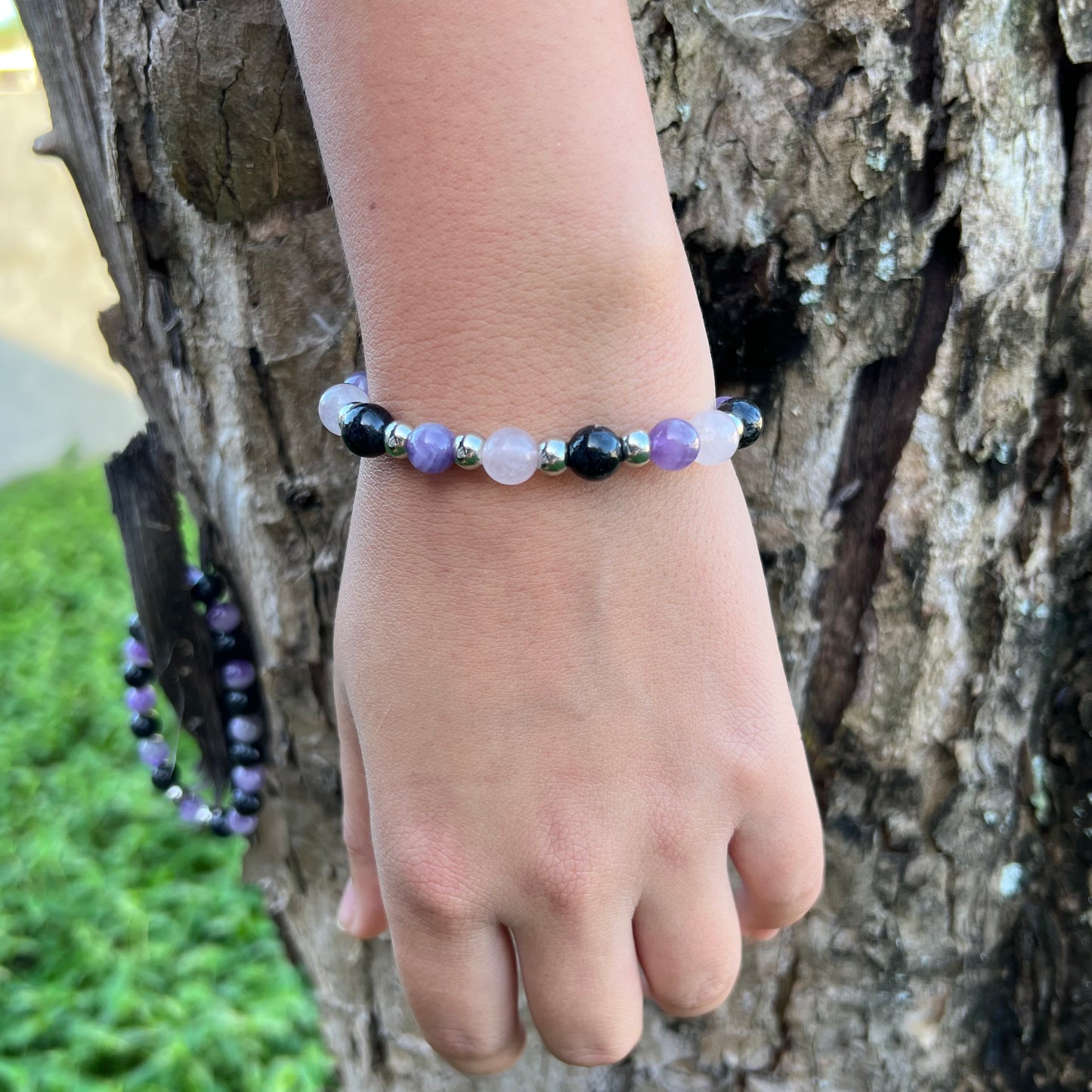 Emotional Well-being Rose Quartz, Amethyst and Black Tourmaline Bracelet 6 1/2”