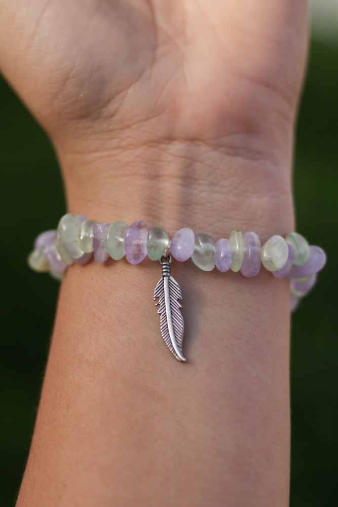 Prehnite and Amethyst Chips Bracelet and Feather Charm