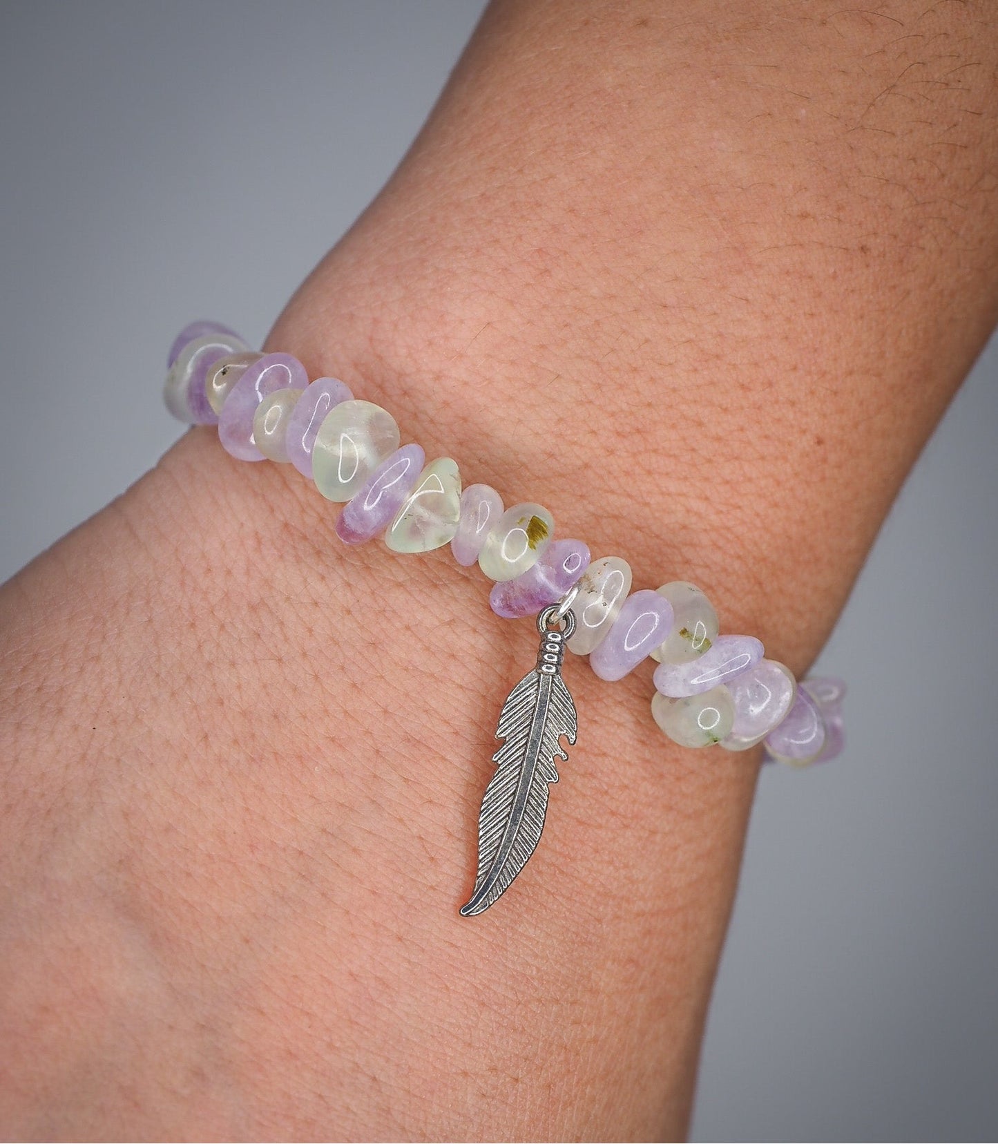 Prehnite and Amethyst Chips Bracelet and Feather Charm