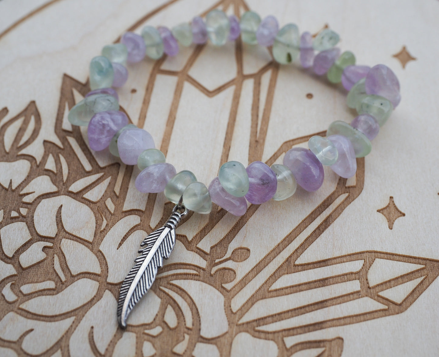 Prehnite and Amethyst Chips Bracelet and Feather Charm